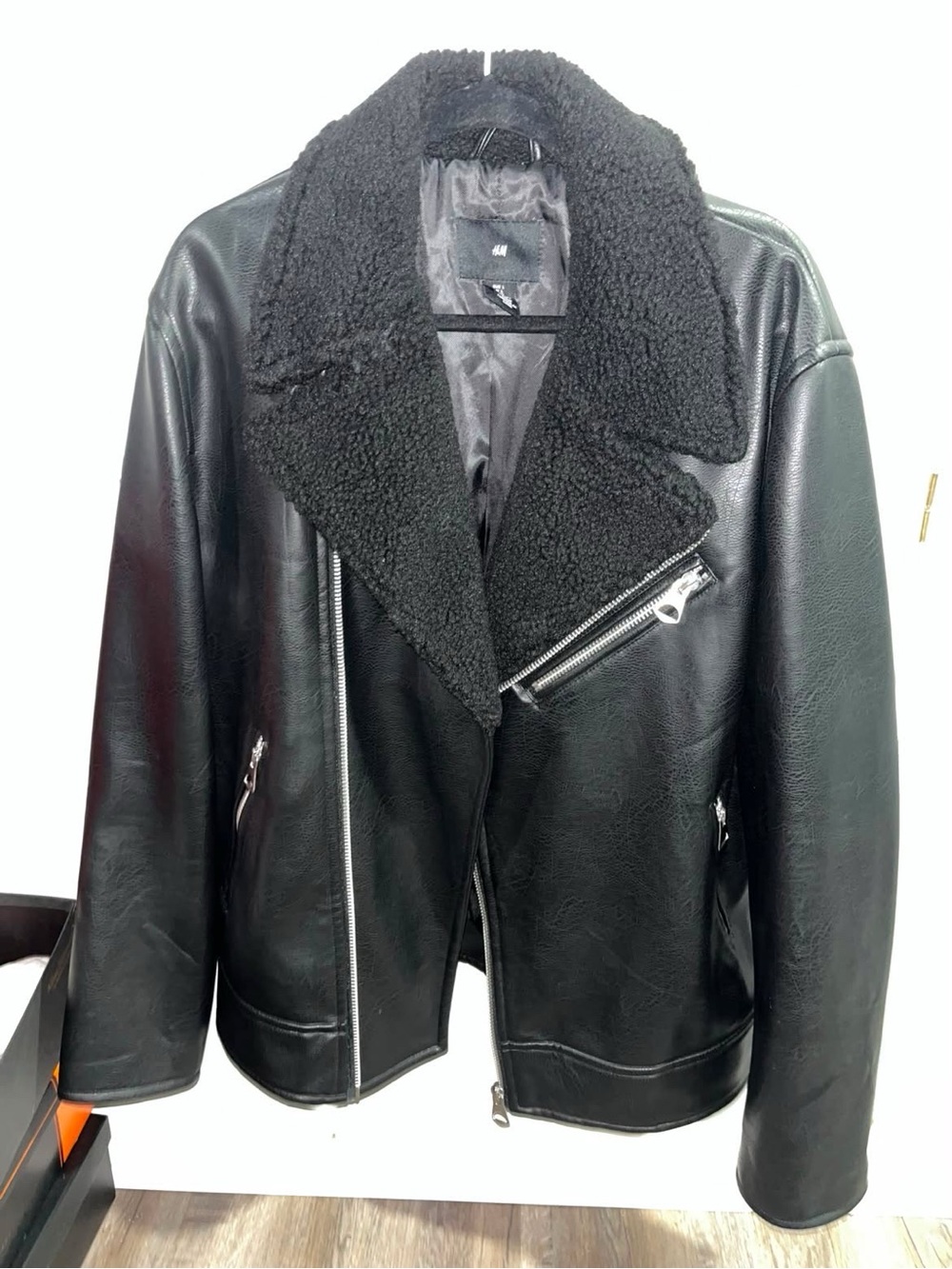 H&M Black Faux Leather Sherpa Moto Jacket with Quilted Look